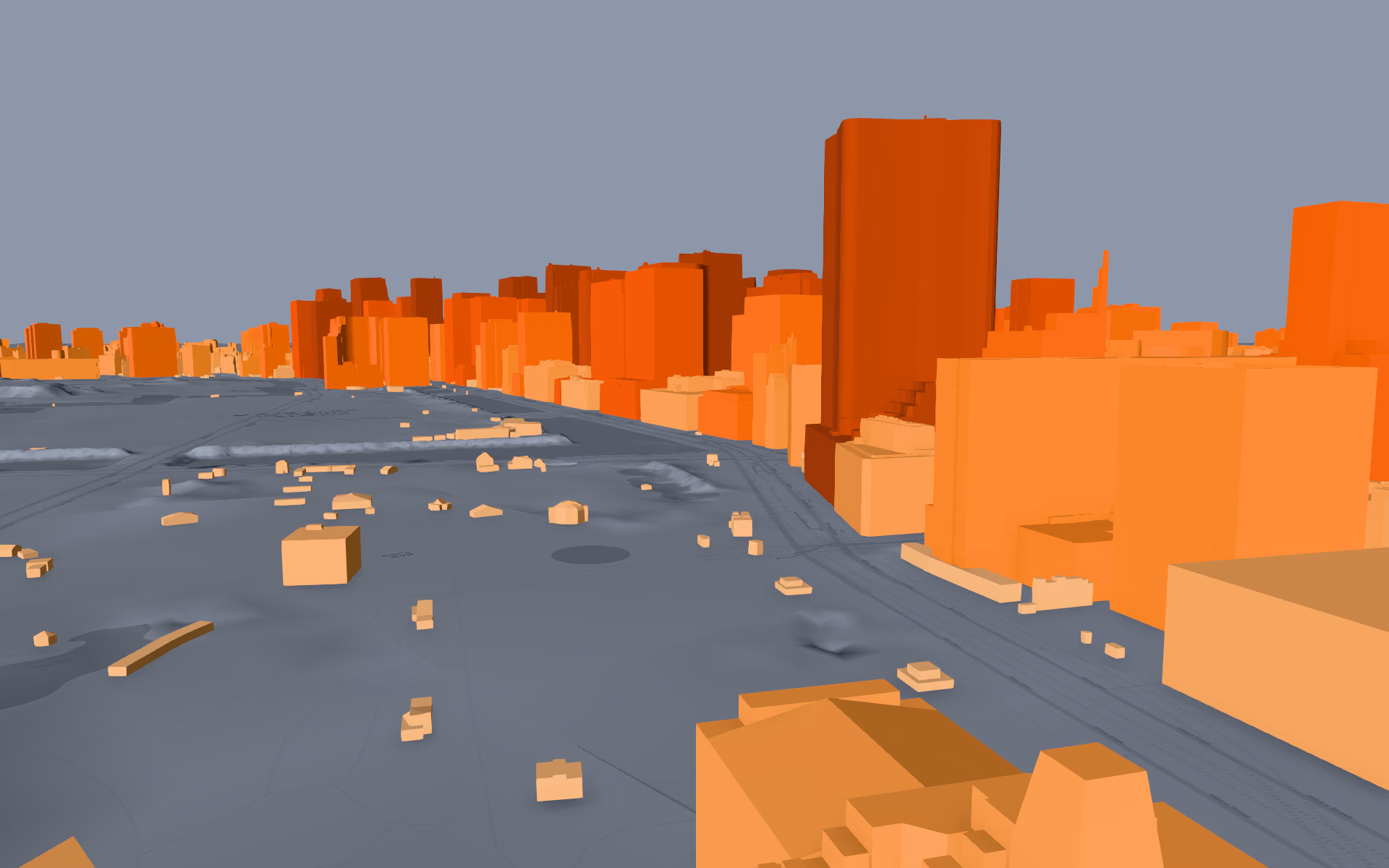 Buildings colored by their measured height using spatial operations