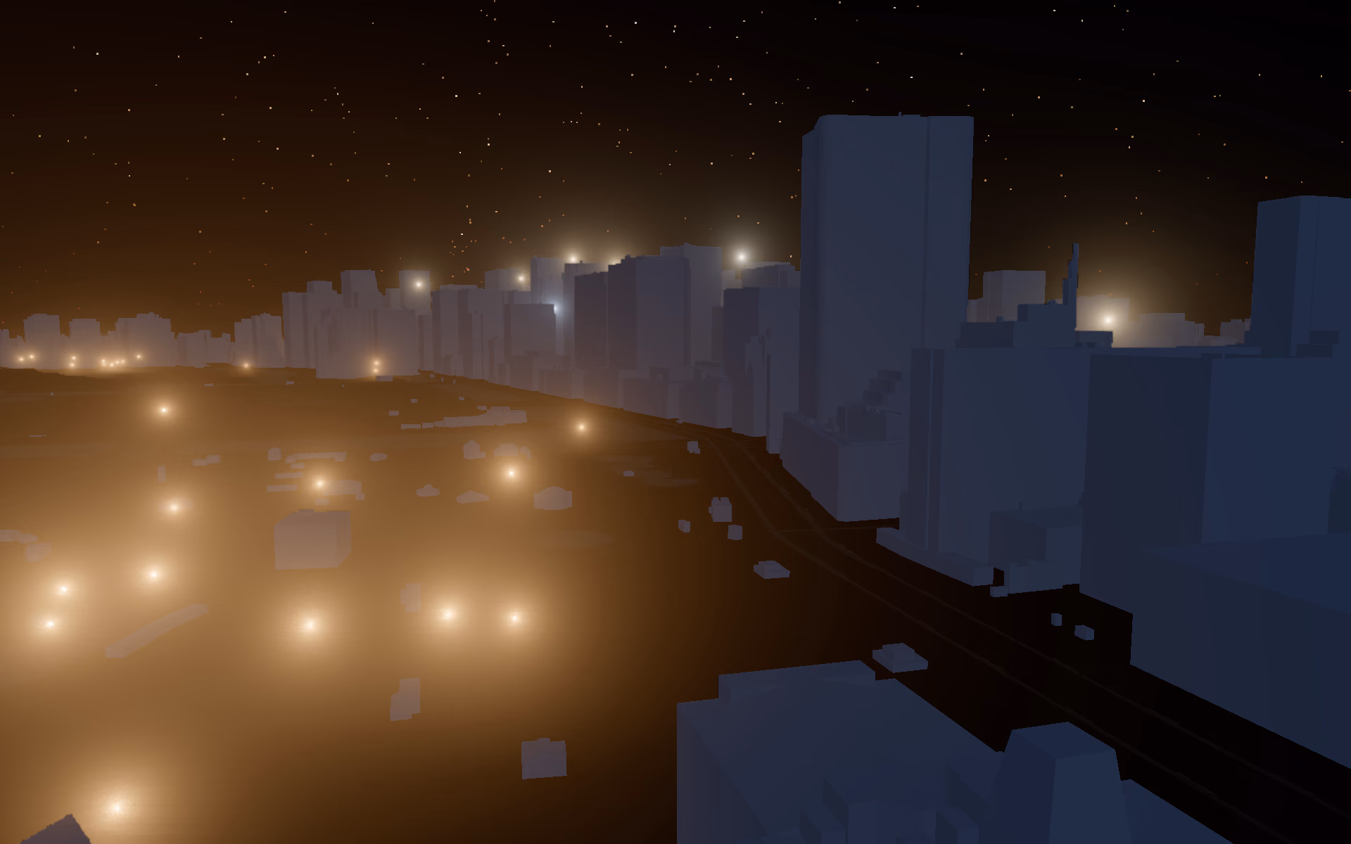 The same scene switched to night by a custom shader, lit by fog lights
